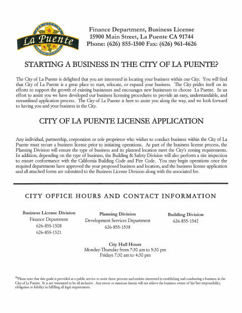 First page of the In-Town Business License Application