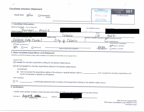 First page of the Candidate Intention Statement (Form 501)