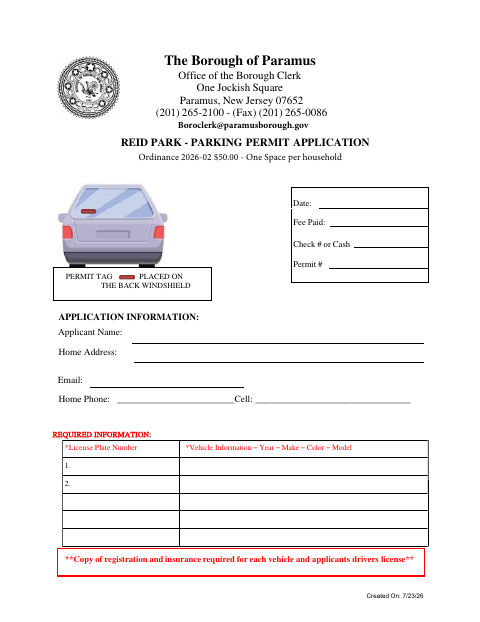 First page of the Reid Park Parking Permit Application