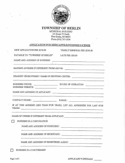 First page of the Mercantile and Business License Application Packet