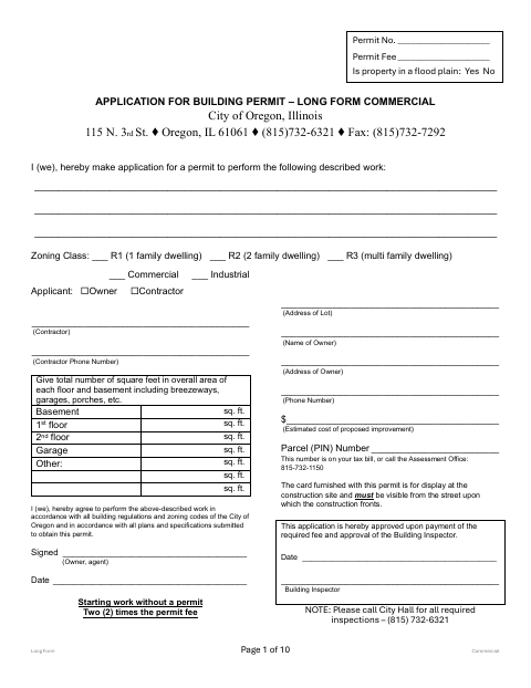 First page of the Application for Building Permit – Long Form Commercial