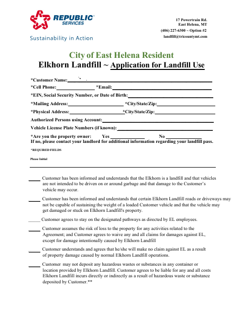 First page of the Application for Landfill Use