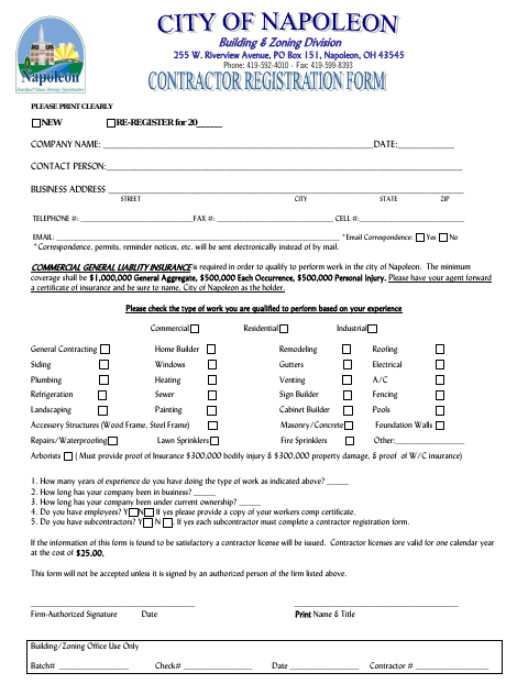 First page of the Contractor Registration Form