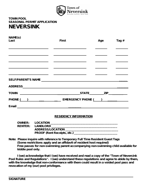 First page of the Town Pool Seasonal Permit Application