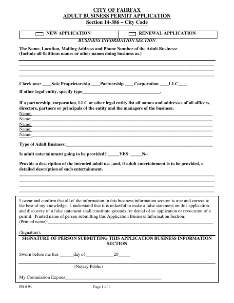 First page of the Adult Business Permit Application