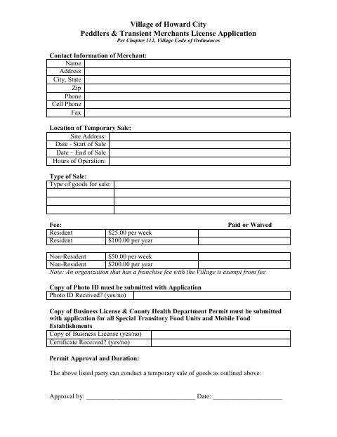 First page of the Peddlers & Transient Merchants License Application