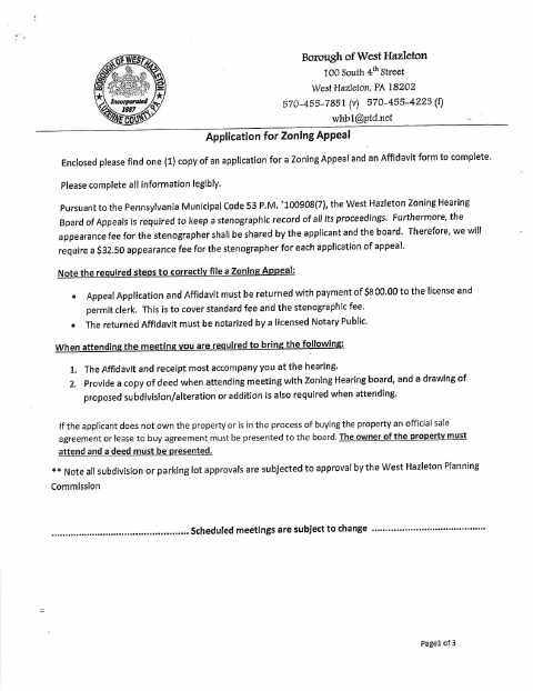 First page of the Zoning Appeal Application