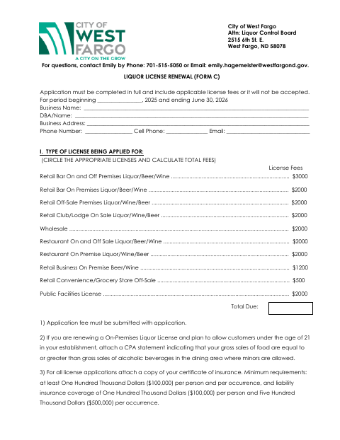 First page of the Liquor License Renewal Application Form C