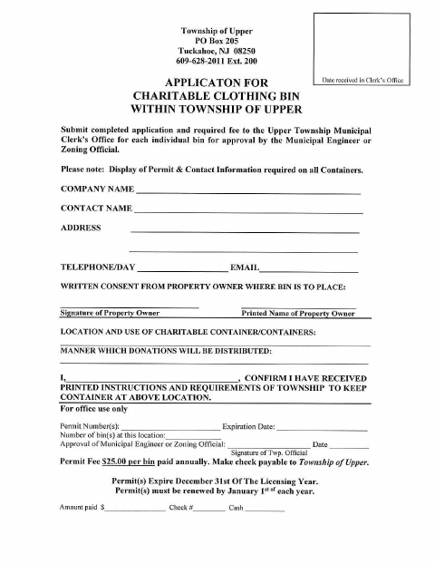 First page of the Application for Charitable Clothing Bin Within Township of Upper