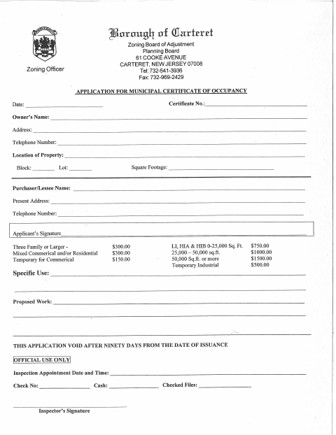 First page of the Commercial Certificate Of Occupancy Application