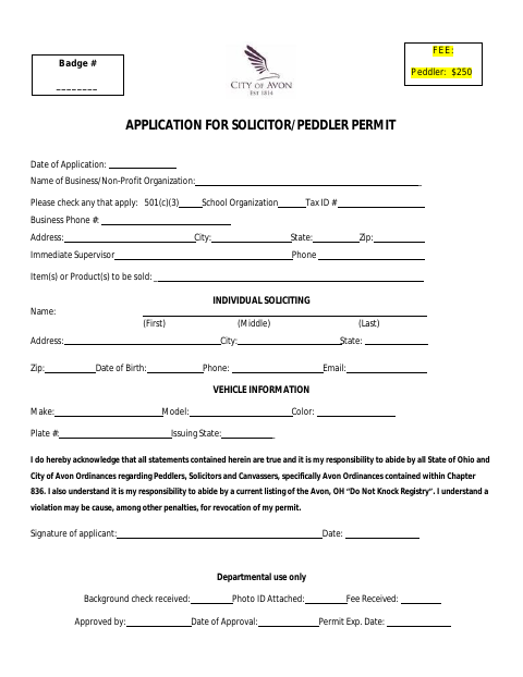 First page of the Solicitor/Peddler Permit Application