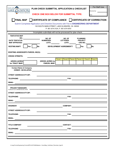 First page of the Plan Check Submittal Application and Checklist