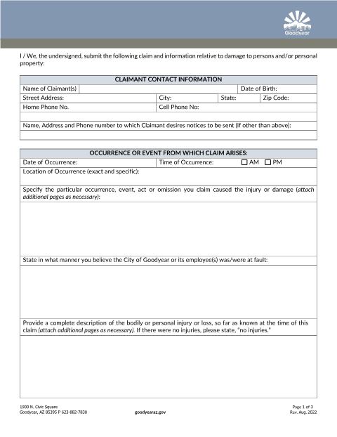 First page of the Notice of Claim Form