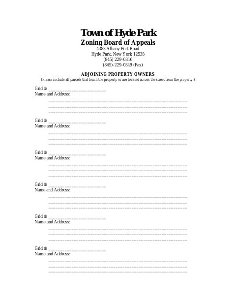 First page of the Adjoining Property Owners Form
