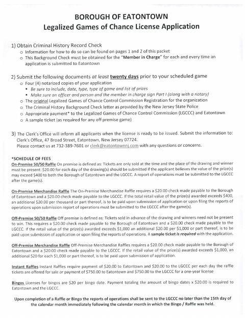 First page of the Legalized Games of Chance Raffle License Application