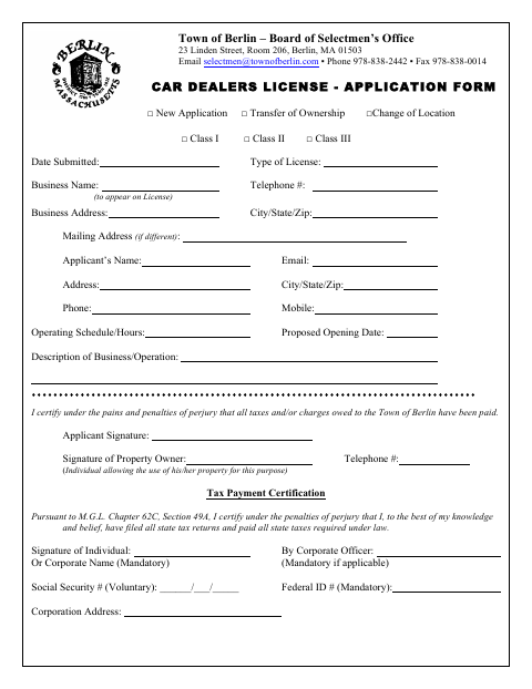 First page of the Car Dealers License Application