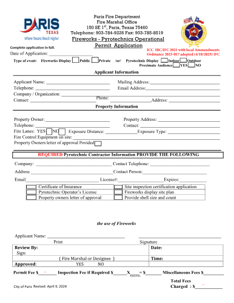 First page of the Fireworks - Pyrotechnics Operational Permit Application