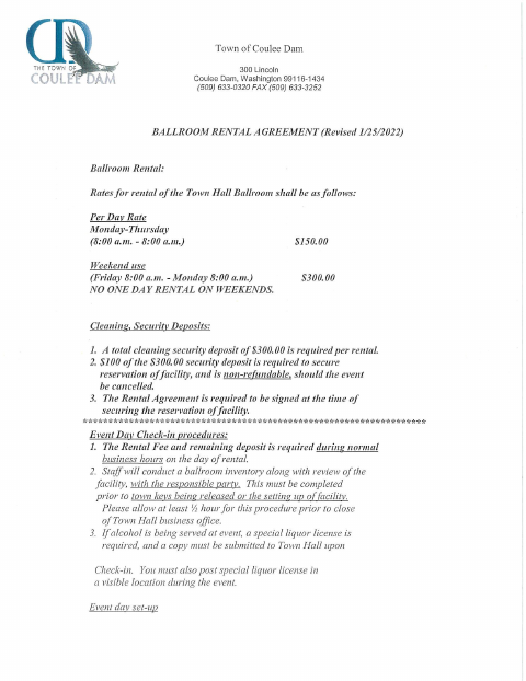 First page of the Ballroom Rental Agreement