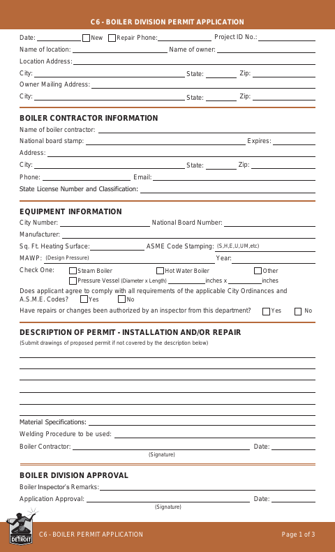 First page of the Boiler Permit Application