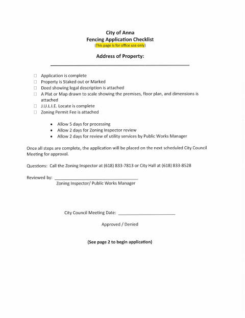 First page of the Fence Application