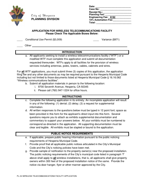 First page of the Wireless Telecommunications Facility Application