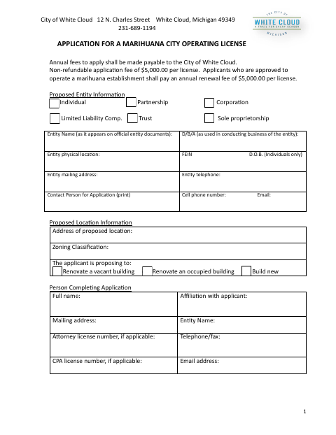 First page of the Application for a Marihuana City Operating License