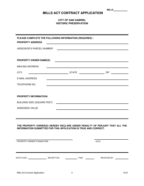 First page of the Mills Act Contract Application