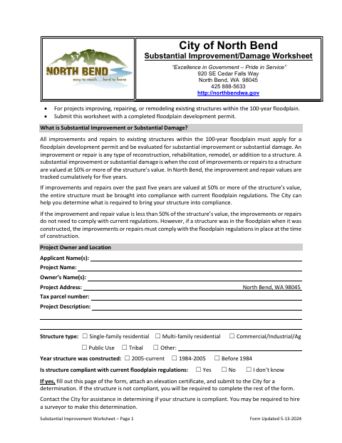 First page of the Substantial Improvement/Damage Worksheet