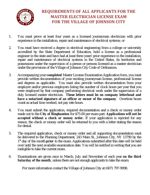 First page of the Master Electrician Exam Application