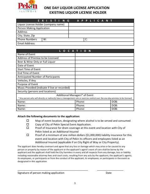 First page of the One Day Liquor License Application – Existing License Holder