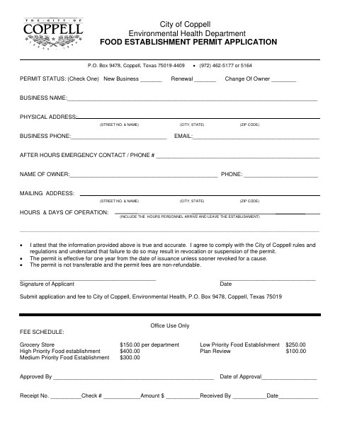 First page of the Food Establishment Permit Application
