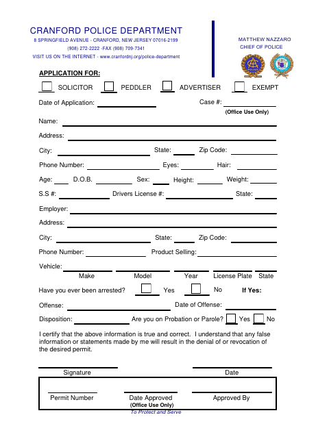 First page of the Peddler and Solicitor Application