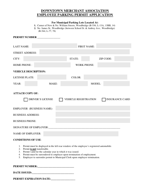 First page of the Downtown Merchants Employee Parking Permit Application
