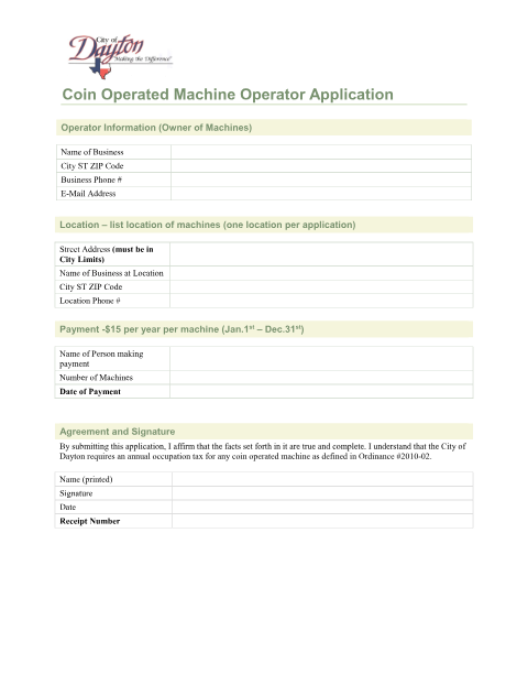 First page of the Coin Operated Machine Operator Application