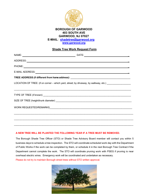 First page of the Shade Tree Work Request Form