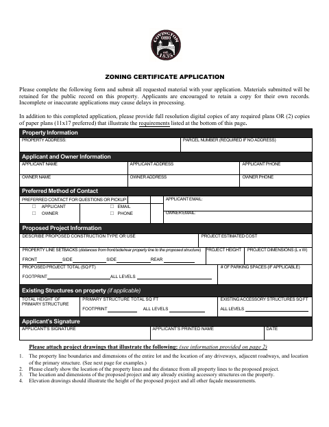 First page of the Zoning Certificate Application