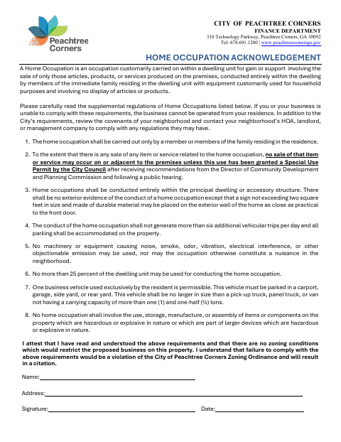 First page of the Home Occupation Acknowledgement