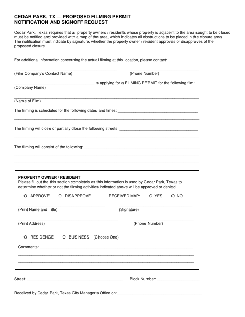 First page of the Proposed Filming Permit Notification and Signoff Request