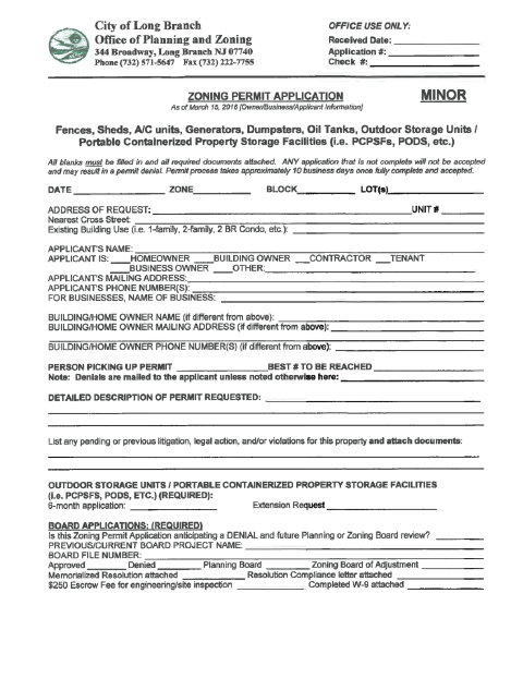 First page of the Zoning Permit Application – Minor
