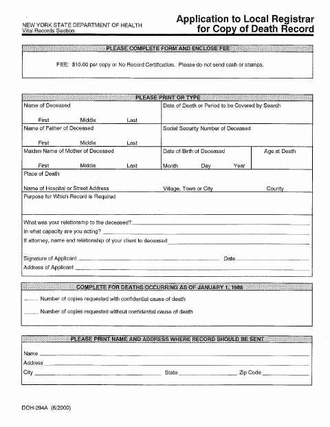 First page of the Application for Death Record