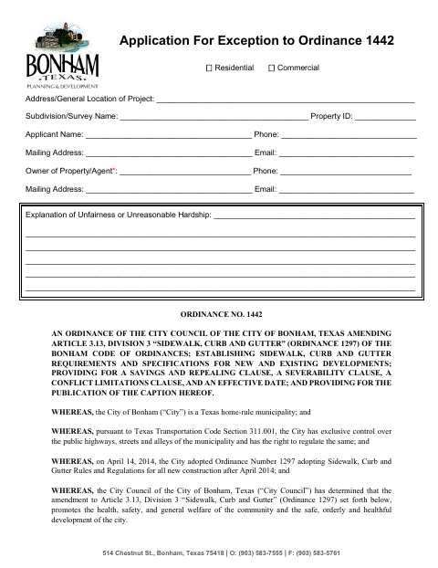 First page of the Application for Exception to Ordinance 1442