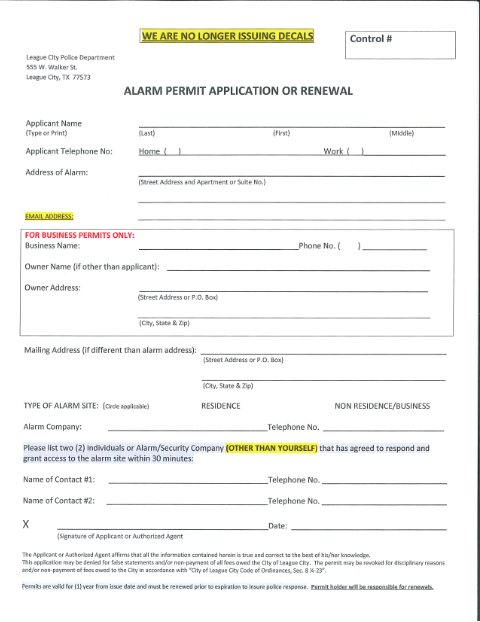 First page of the Alarm Permit Application