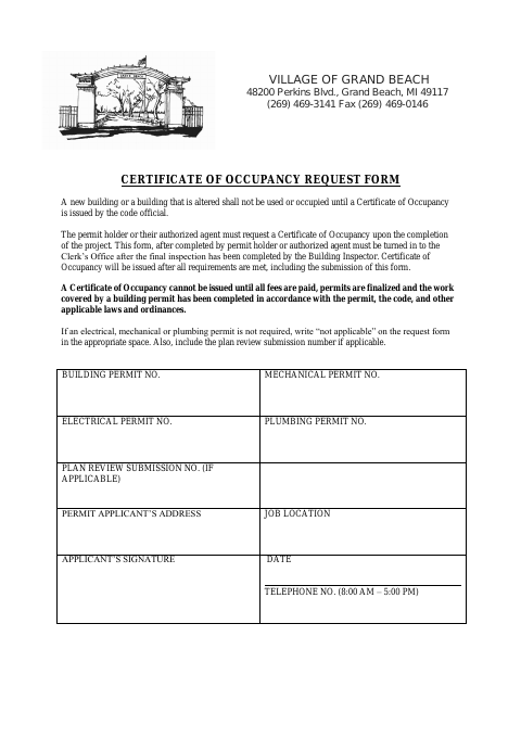 First page of the Certificate of Occupancy Request Form