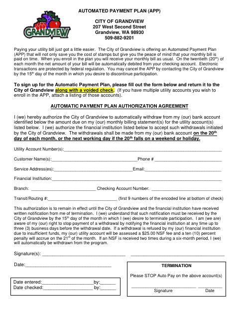 First page of the Automated Payment Plan