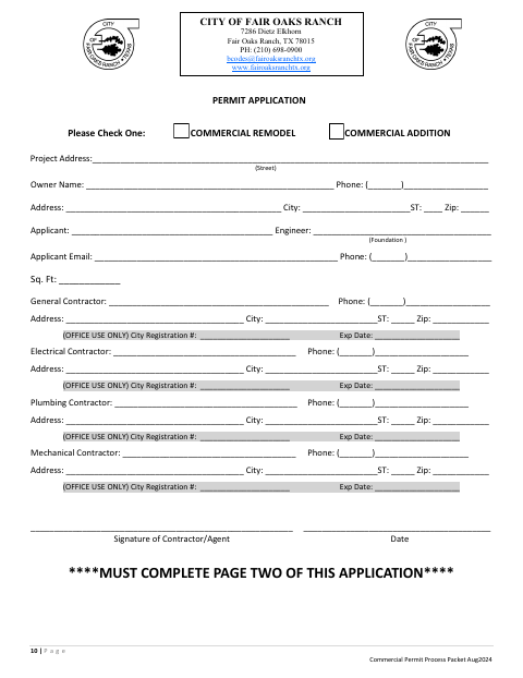 First page of the Commercial Addition and Remodel Permit Application