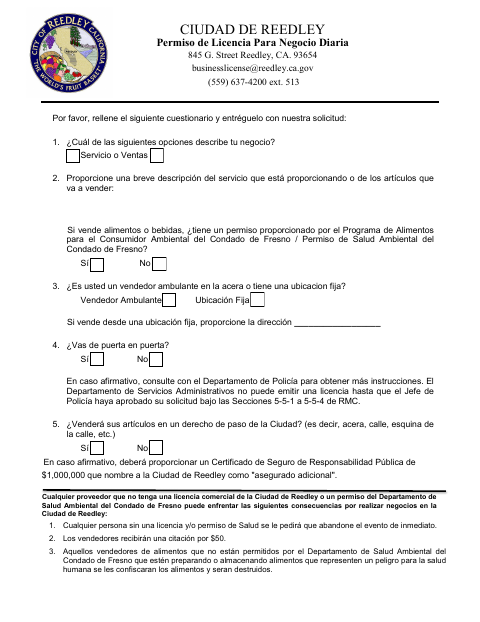 First page of the Daily Business License Permit