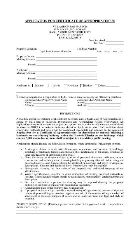 First page of the Certificate Of Appropriateness Application