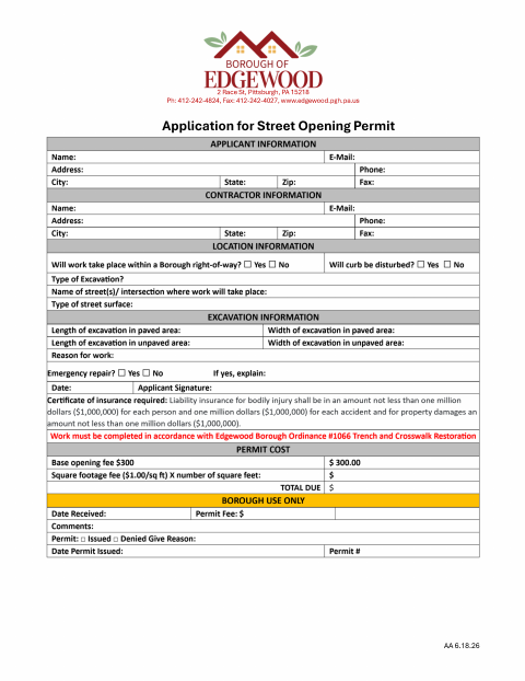 First page of the Application for Street Opening Permit
