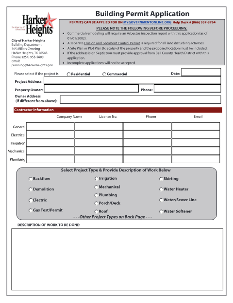 First page of the Application for Building Permit