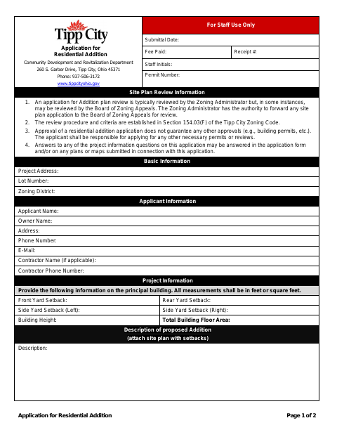 First page of the Application for Residential Addition